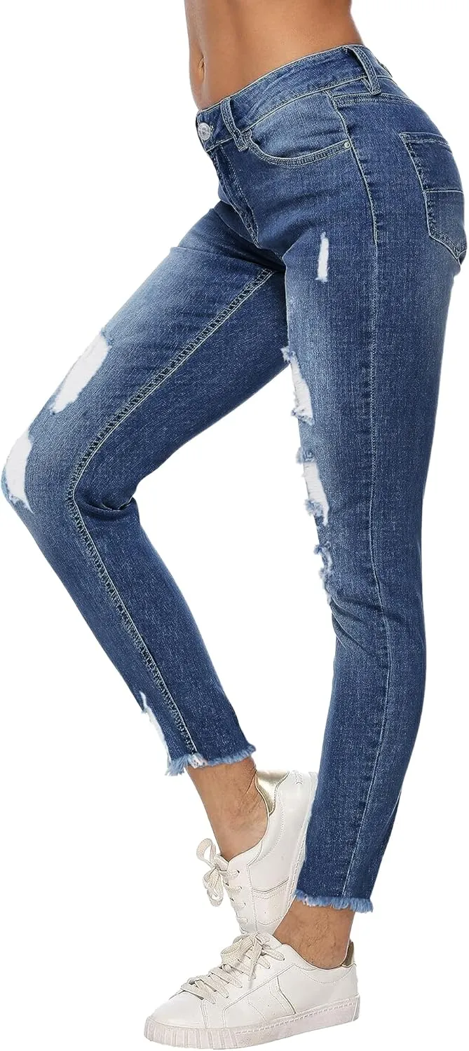 Genleck Women's Ripped Boyfriend Slim Fit Jeans Frayed High Waist Skinny Stretch Distressed Tapered Stretchy Denim Dark Blue
