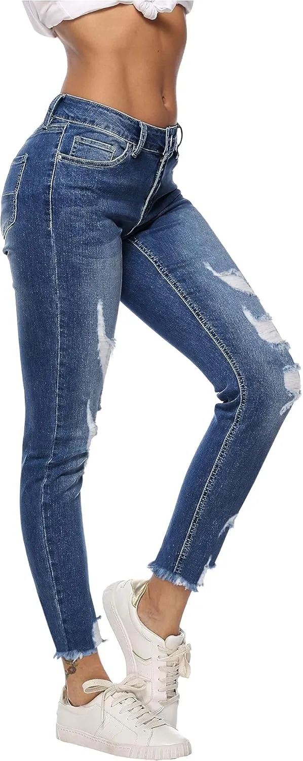 Genleck Women's Ripped Boyfriend Slim Fit Jeans Frayed High Waist Skinny Stretch Distressed Tapered Stretchy Denim Dark Blue