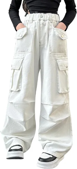 Girls Cargo Pants Baggy Cotton Jeans Kids Vintage Loose Fit Jeans Hip Hop Teen Pull on Wide Leg Trouser 𝐒ung Fit