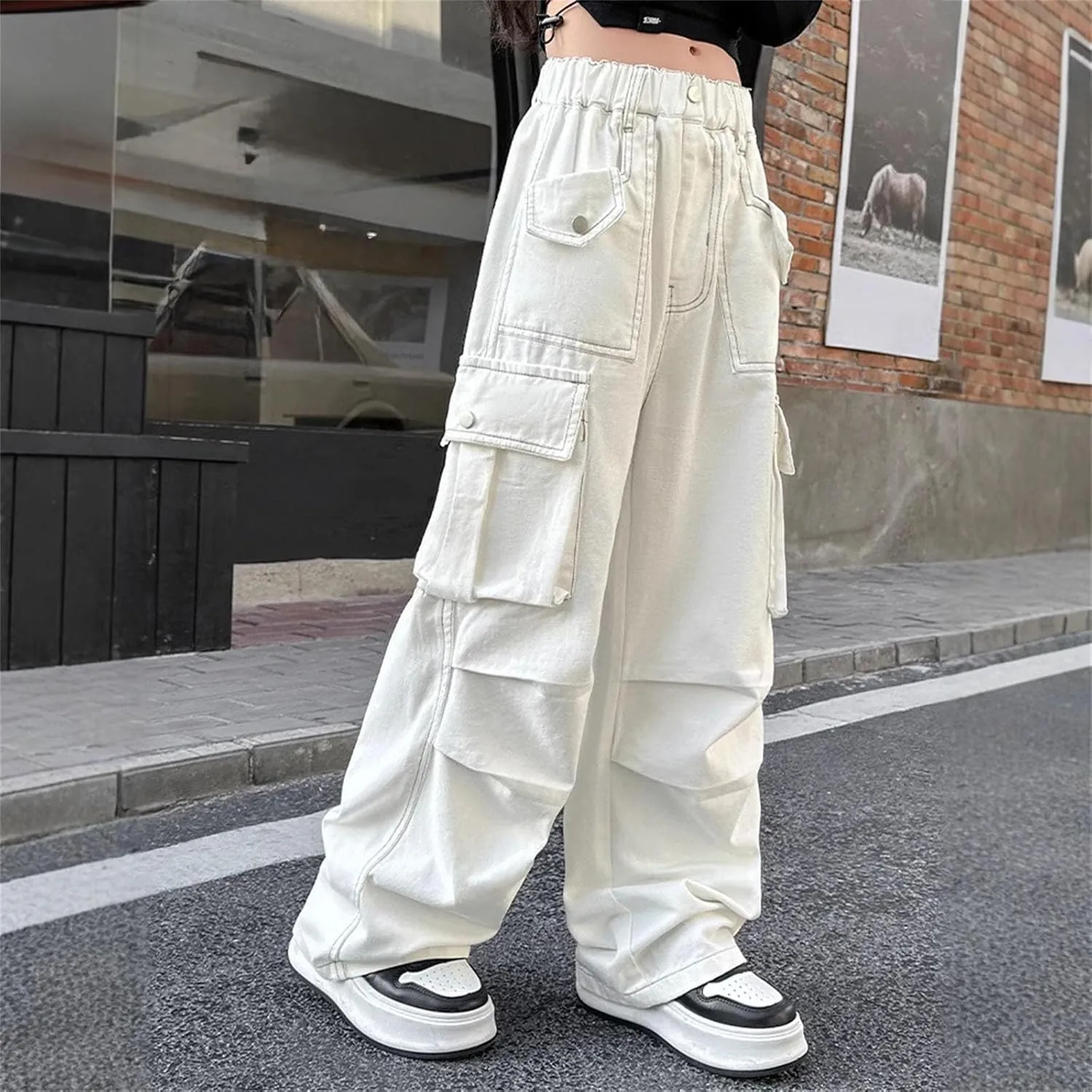 Girls Cargo Pants Baggy Cotton Jeans Kids Vintage Loose Fit Jeans Hip Hop Teen Pull on Wide Leg Trouser 𝐒ung Fit