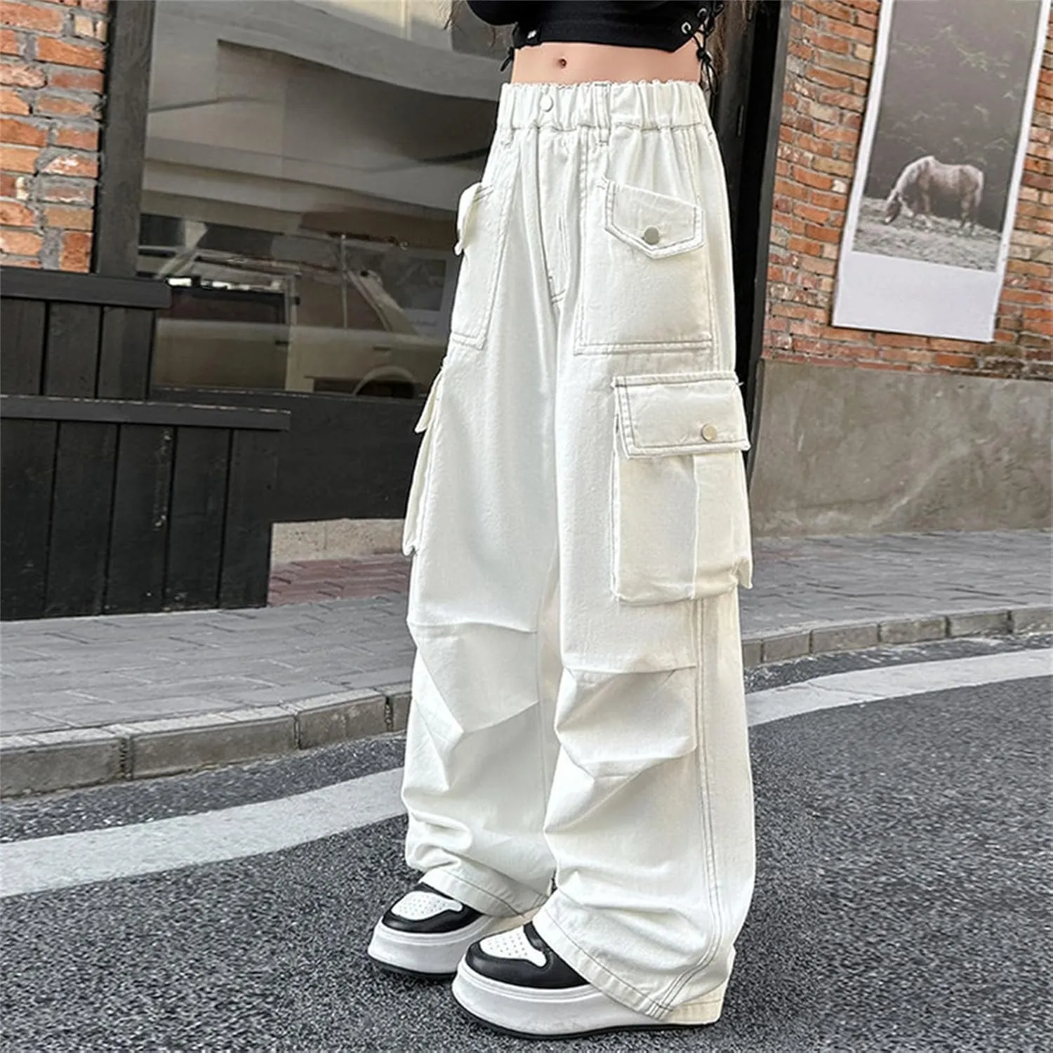 Girls Cargo Pants Baggy Cotton Jeans Kids Vintage Loose Fit Jeans Hip Hop Teen Pull on Wide Leg Trouser 𝐒ung Fit