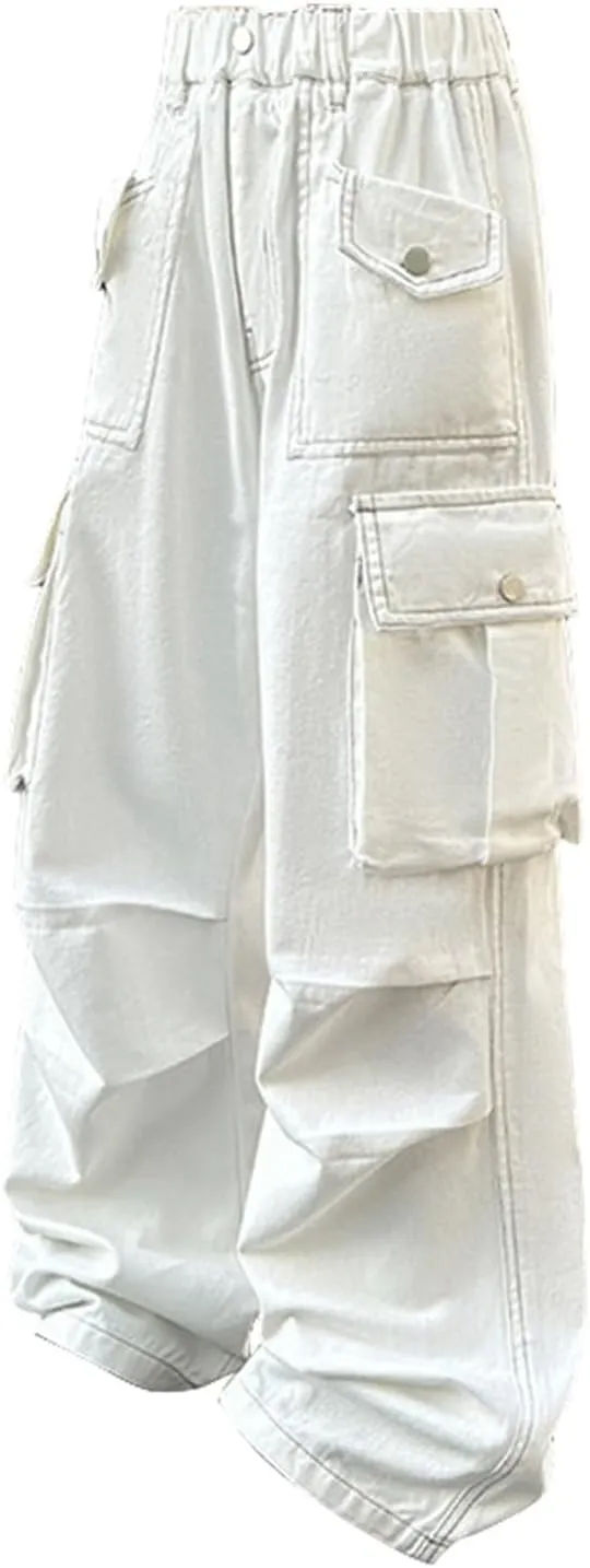 Girls Cargo Pants Baggy Cotton Jeans Kids Vintage Loose Fit Jeans Hip Hop Teen Pull on Wide Leg Trouser 𝐒ung Fit