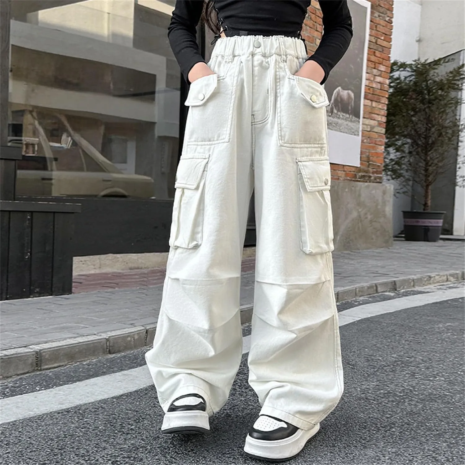 Girls Cargo Pants Baggy Cotton Jeans Kids Vintage Loose Fit Jeans Hip Hop Teen Pull on Wide Leg Trouser 𝐒ung Fit