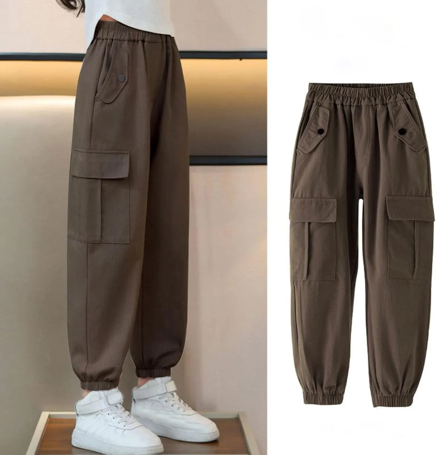 Girls Cargo Pants Baggy Y2k Kids Elastic Waist Casual Ruched Cargo Pants Multiple Pockets Jogger Y2k