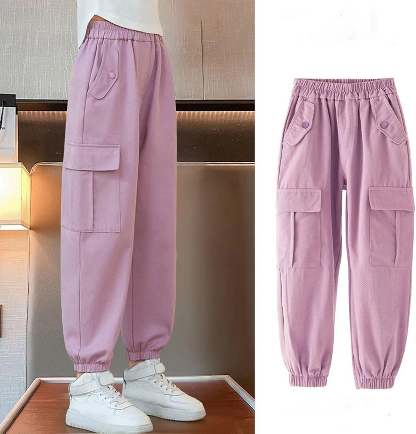 Girls Cargo Pants Baggy Y2k Kids Elastic Waist Casual Ruched Cargo Pants Multiple Pockets Jogger Y2k