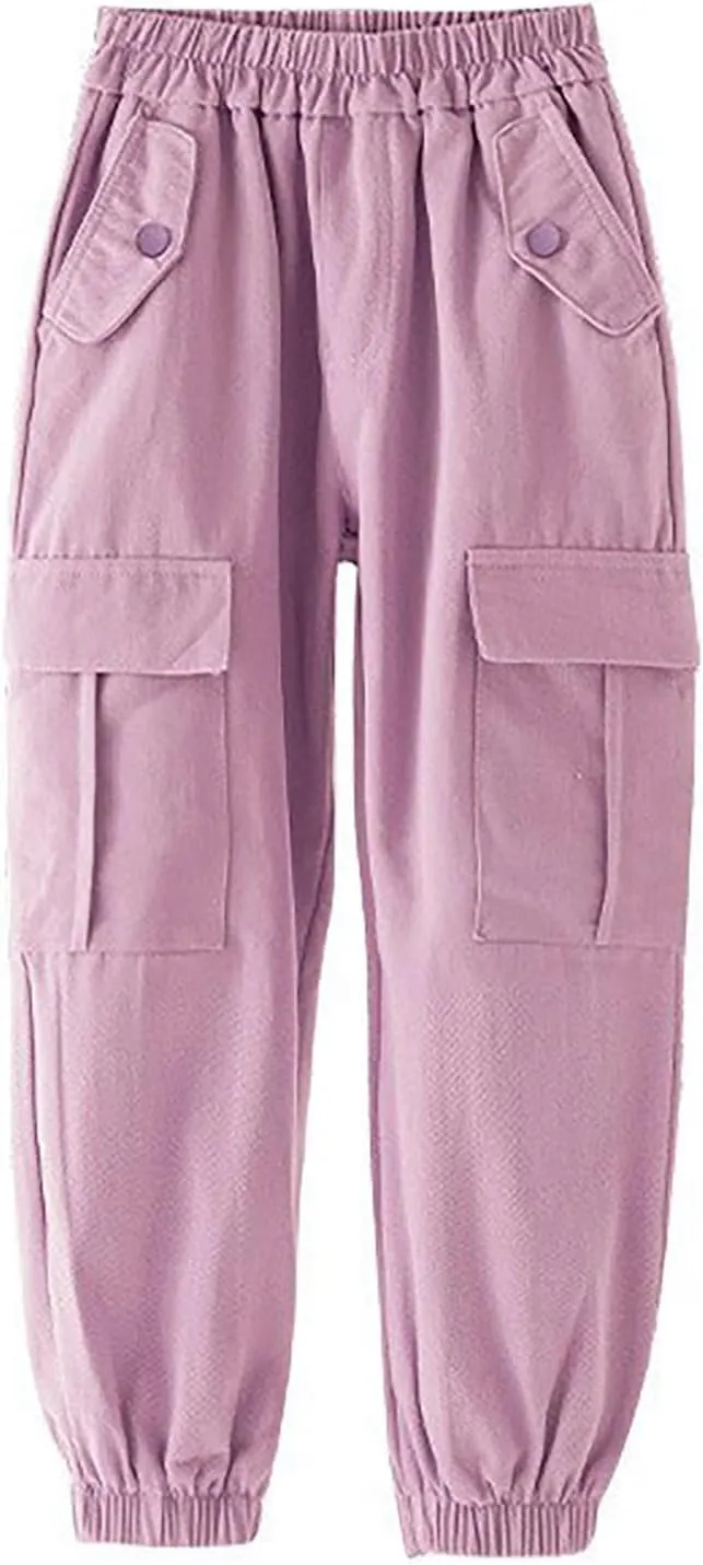Girls Cargo Pants Baggy Y2k Kids Elastic Waist Casual Ruched Cargo Pants Multiple Pockets Jogger Y2k