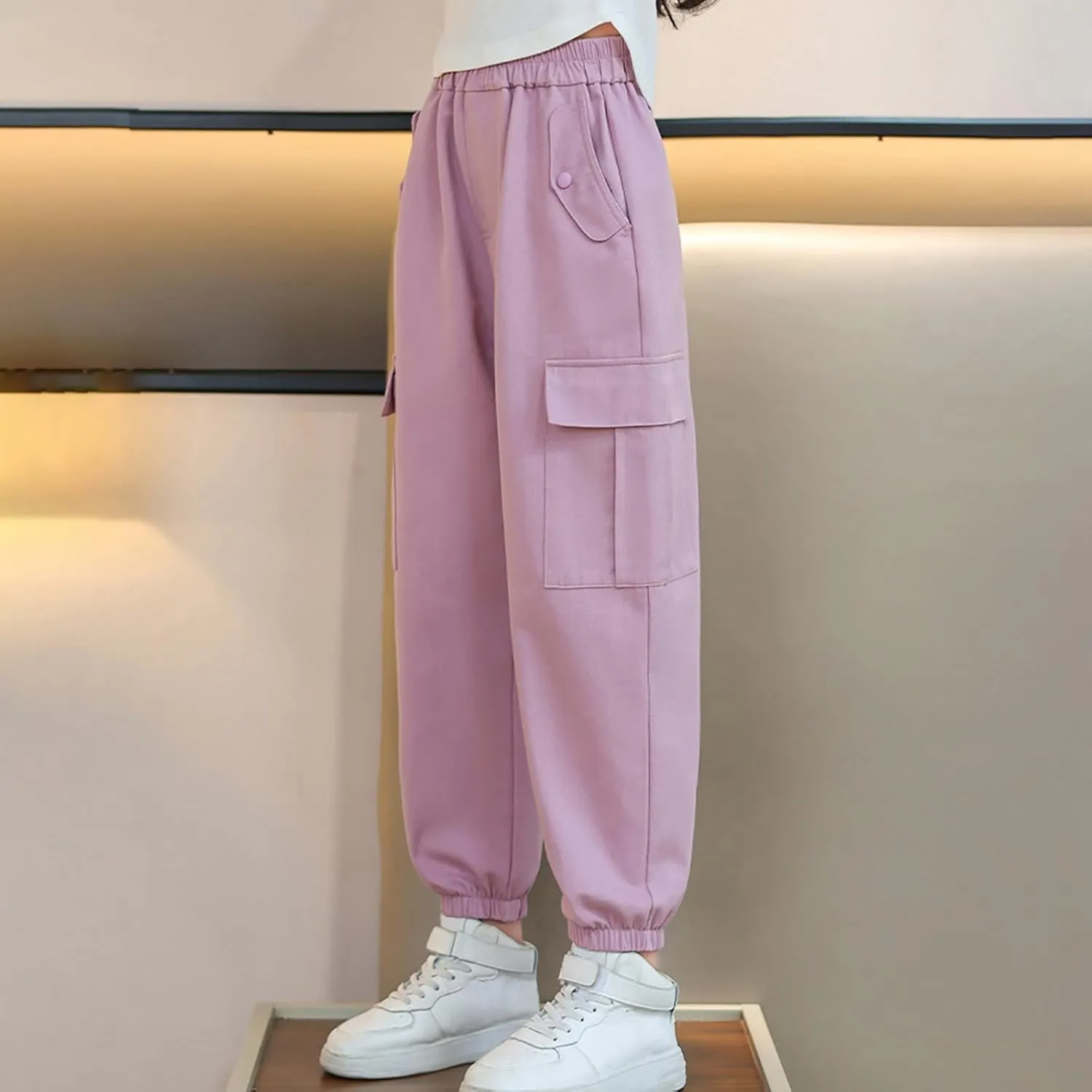 Girls Cargo Pants Baggy Y2k Kids Elastic Waist Casual Ruched Cargo Pants Multiple Pockets Jogger Y2k