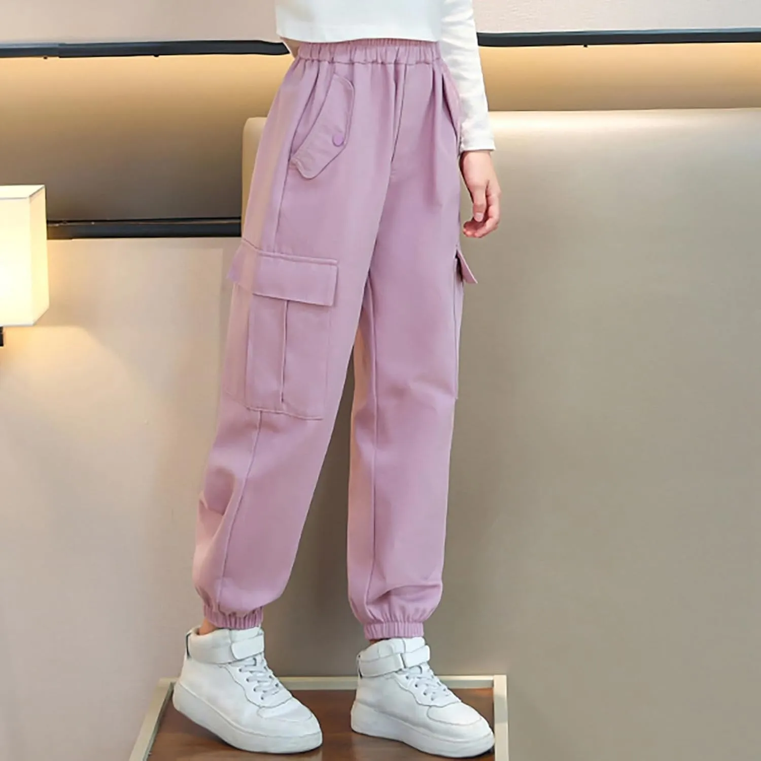 Girls Cargo Pants Baggy Y2k Kids Elastic Waist Casual Ruched Cargo Pants Multiple Pockets Jogger Y2k