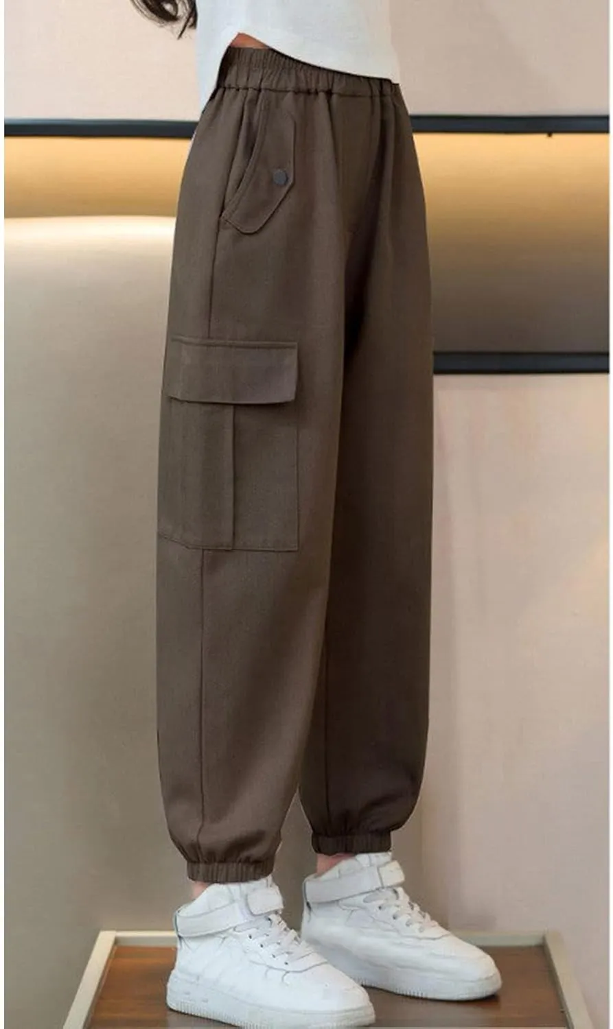 Girls Cargo Pants Baggy Y2k Kids Elastic Waist Casual Ruched Cargo Pants Multiple Pockets Jogger Y2k