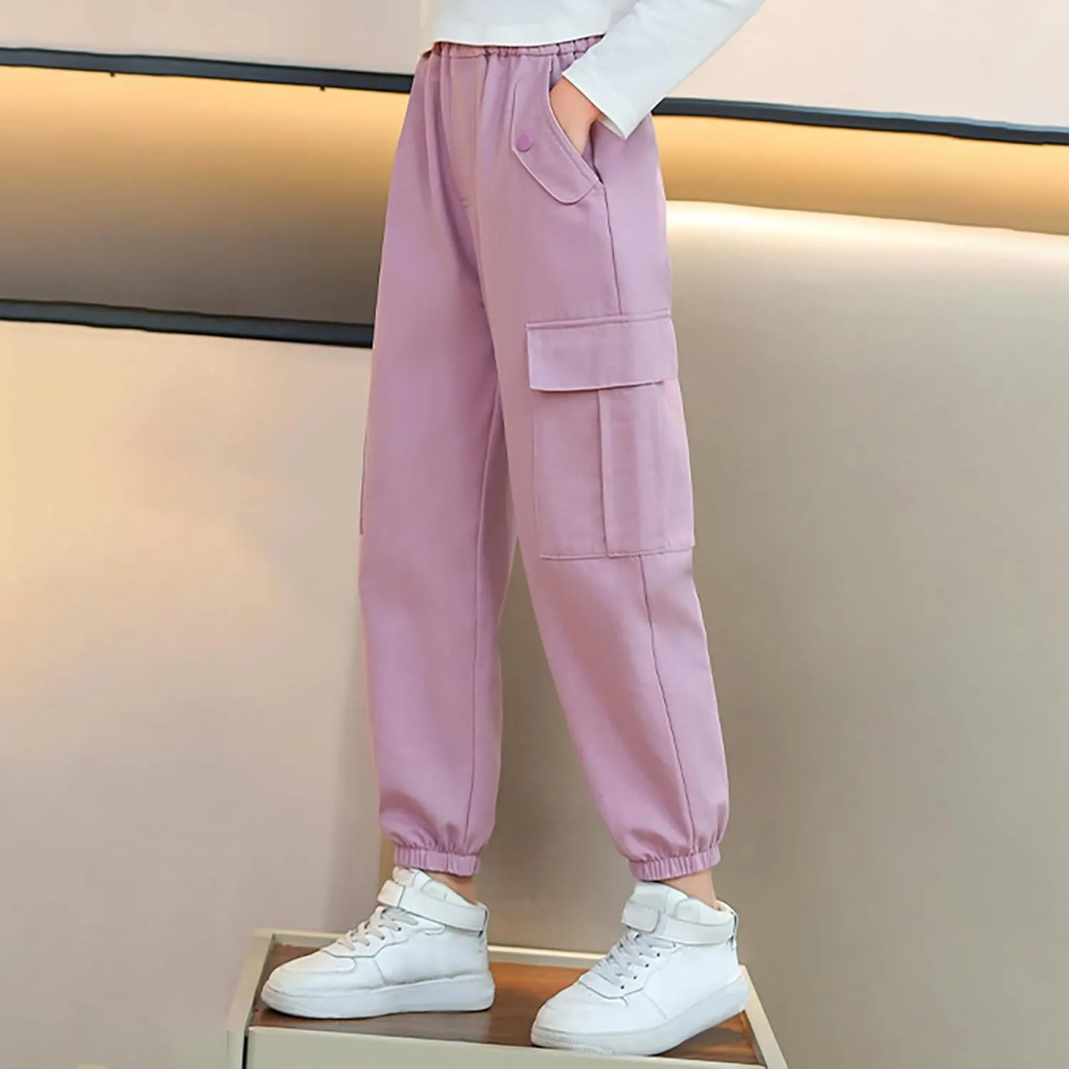 Girls Cargo Pants Baggy Y2k Kids Elastic Waist Casual Ruched Cargo Pants Multiple Pockets Jogger Y2k
