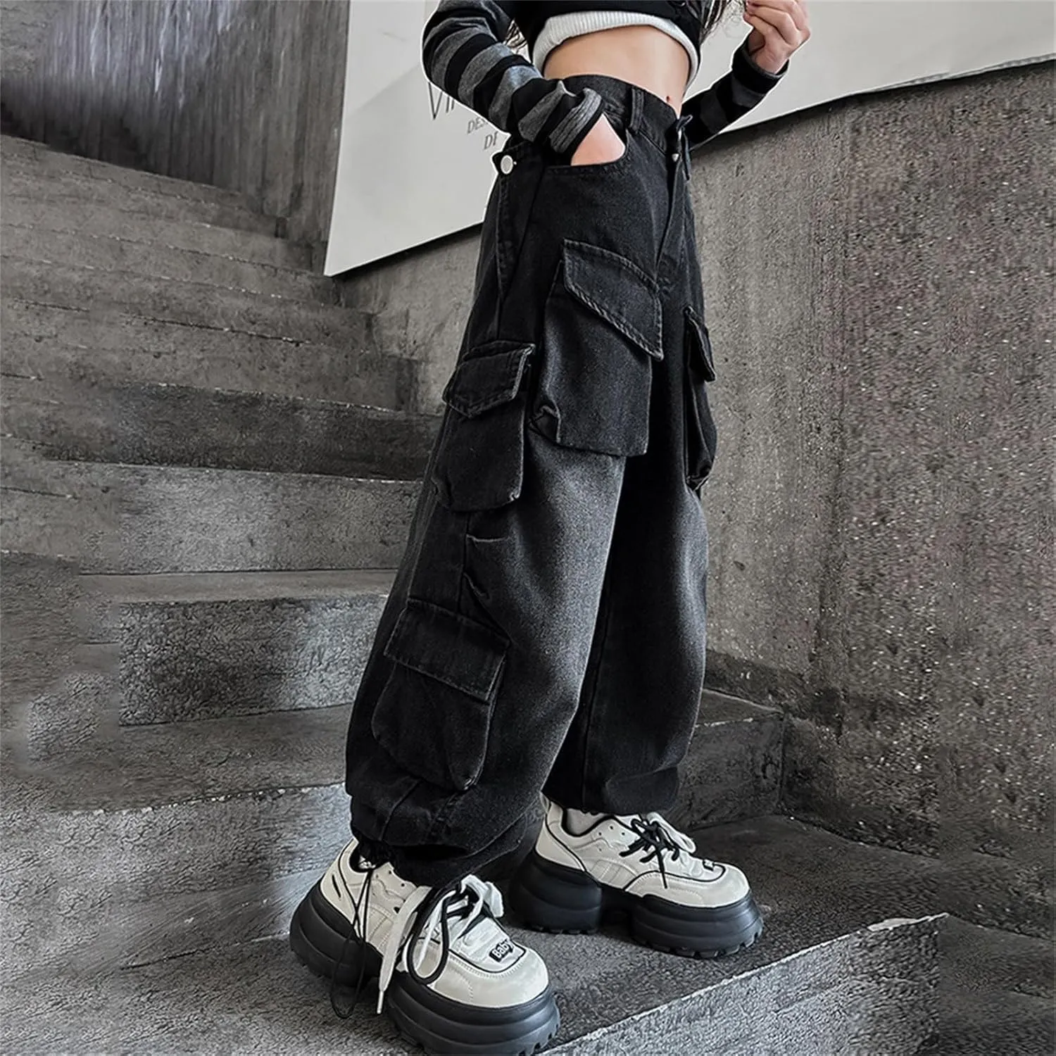 Girls Streetwear Denim Cargo Pants High Waist Floor Length Baggy Wide Leg Jeans with Multi Pockets