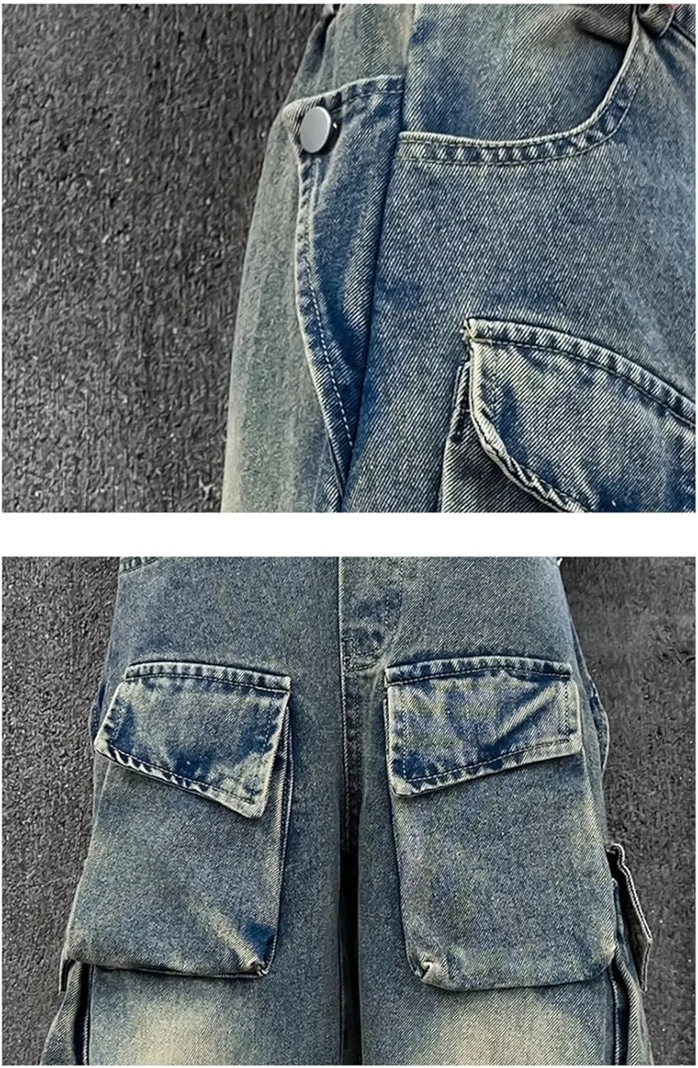 Girls Streetwear Denim Cargo Pants High Waist Floor Length Baggy Wide Leg Jeans with Multi Pockets