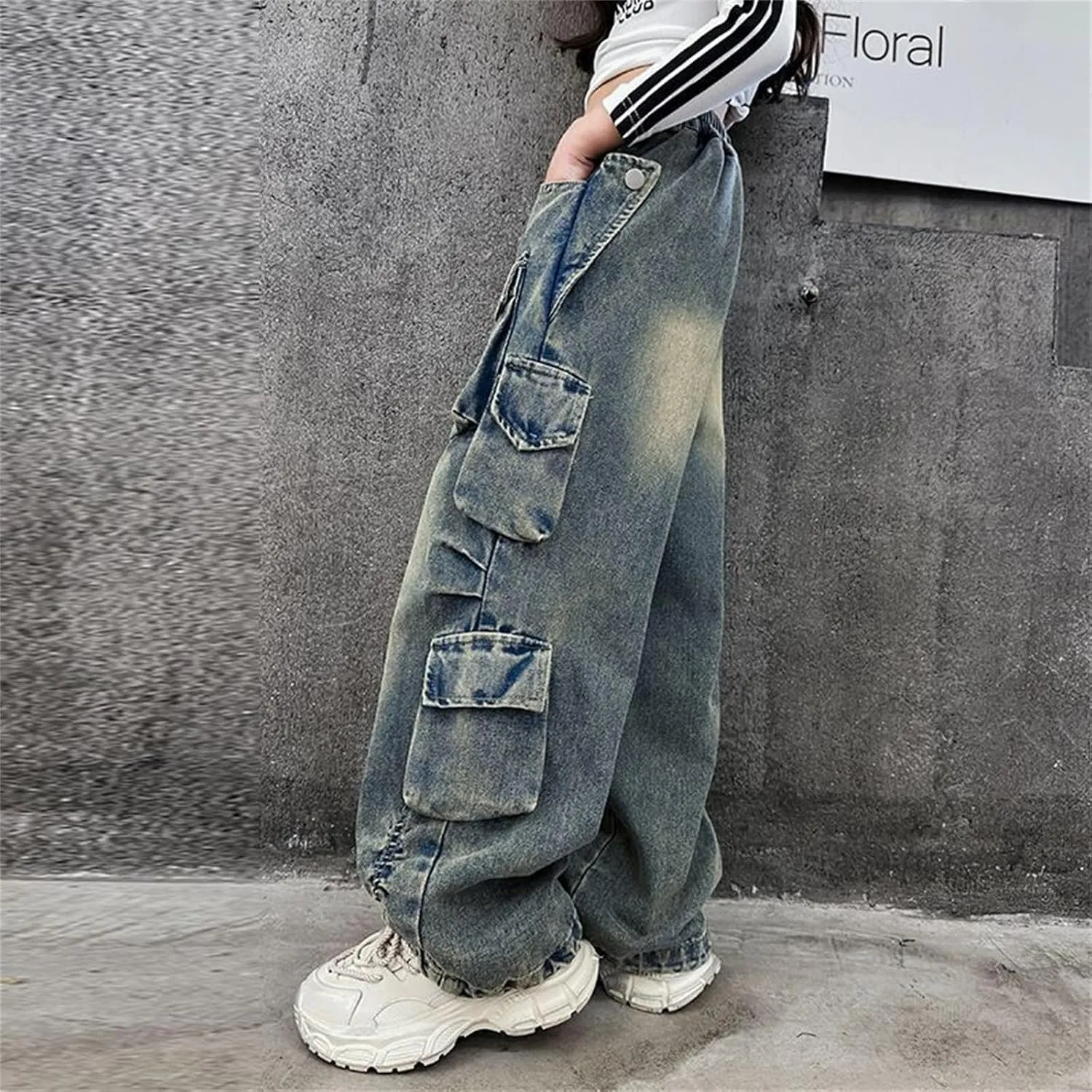 Girls Streetwear Denim Cargo Pants High Waist Floor Length Baggy Wide Leg Jeans with Multi Pockets
