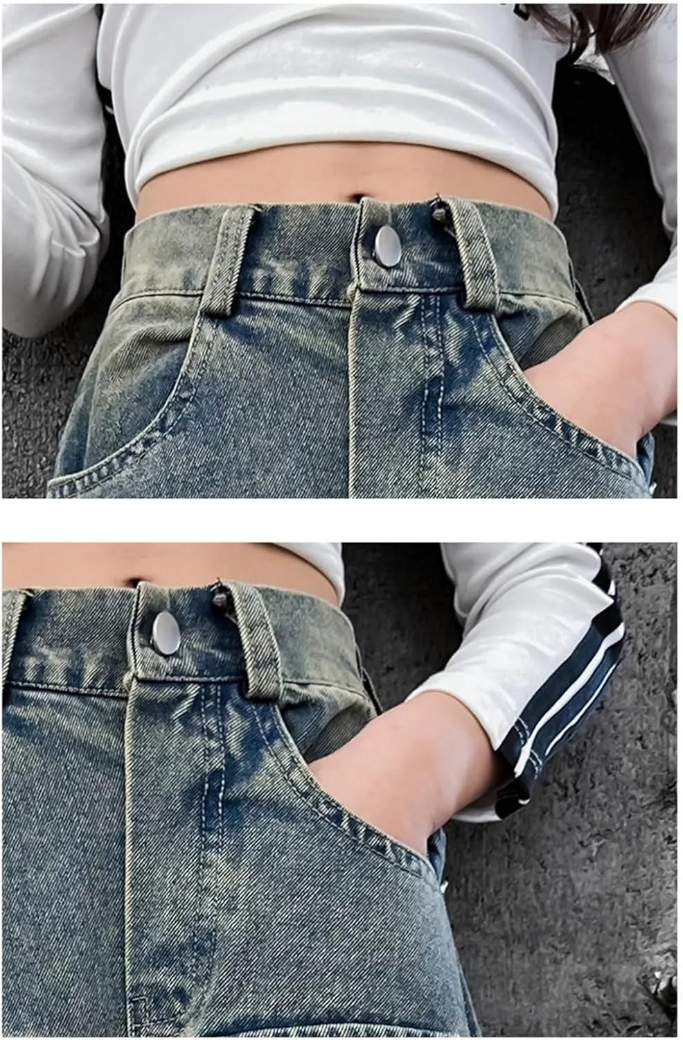 Girls Streetwear Denim Cargo Pants High Waist Floor Length Baggy Wide Leg Jeans with Multi Pockets