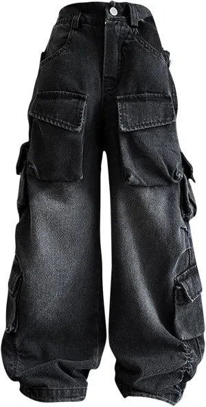 Girls Streetwear Denim Cargo Pants High Waist Floor Length Baggy Wide Leg Jeans with Multi Pockets