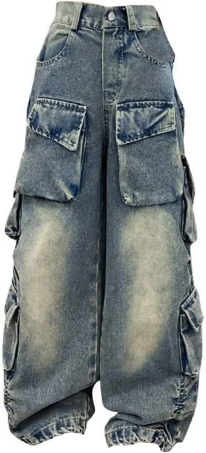 Girls Streetwear Denim Cargo Pants High Waist Floor Length Baggy Wide Leg Jeans with Multi Pockets