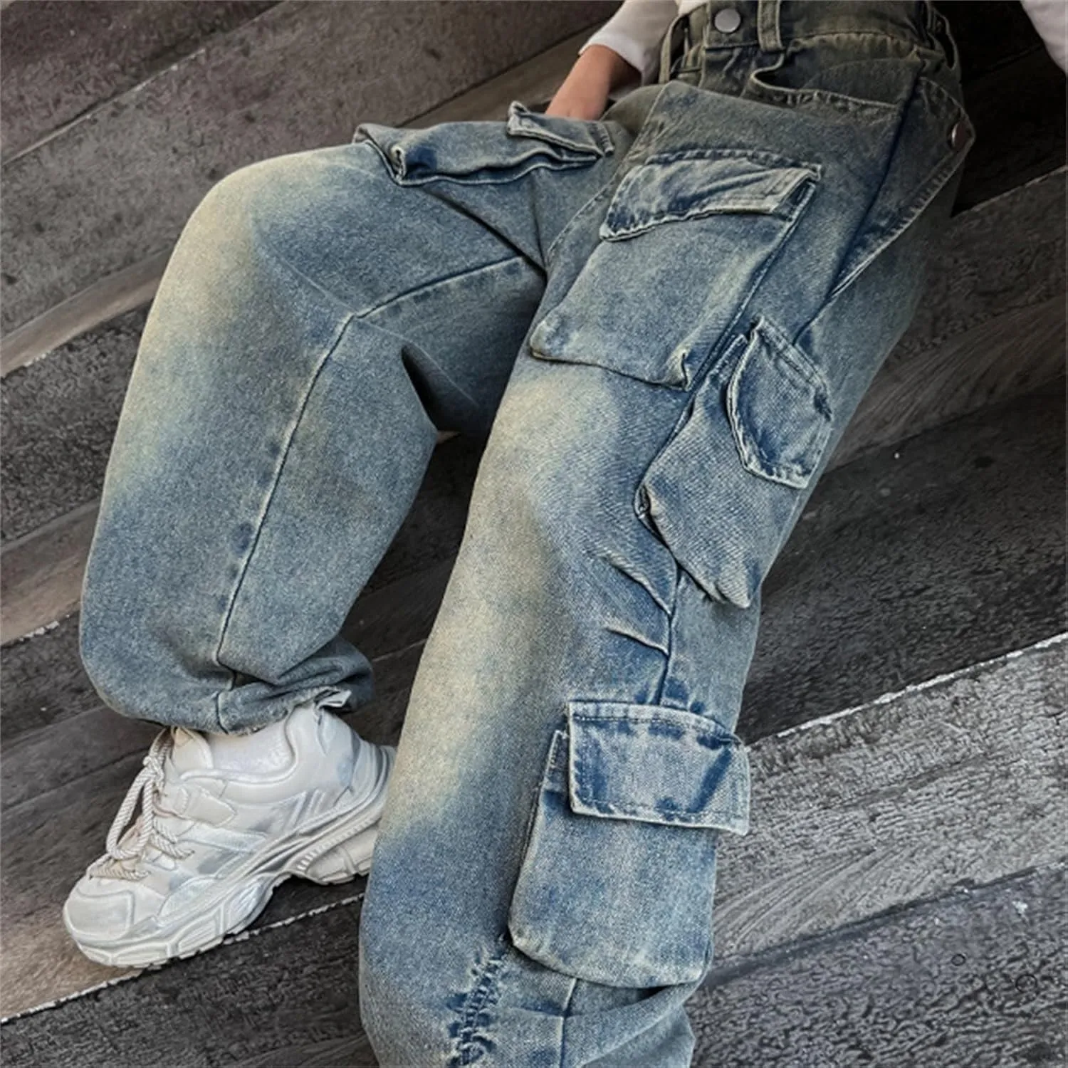 Girls Streetwear Denim Cargo Pants High Waist Floor Length Baggy Wide Leg Jeans with Multi Pockets