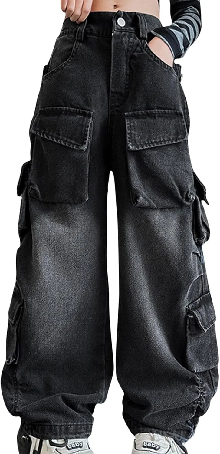 Girls Streetwear Denim Cargo Pants High Waist Floor Length Baggy Wide Leg Jeans with Multi Pockets