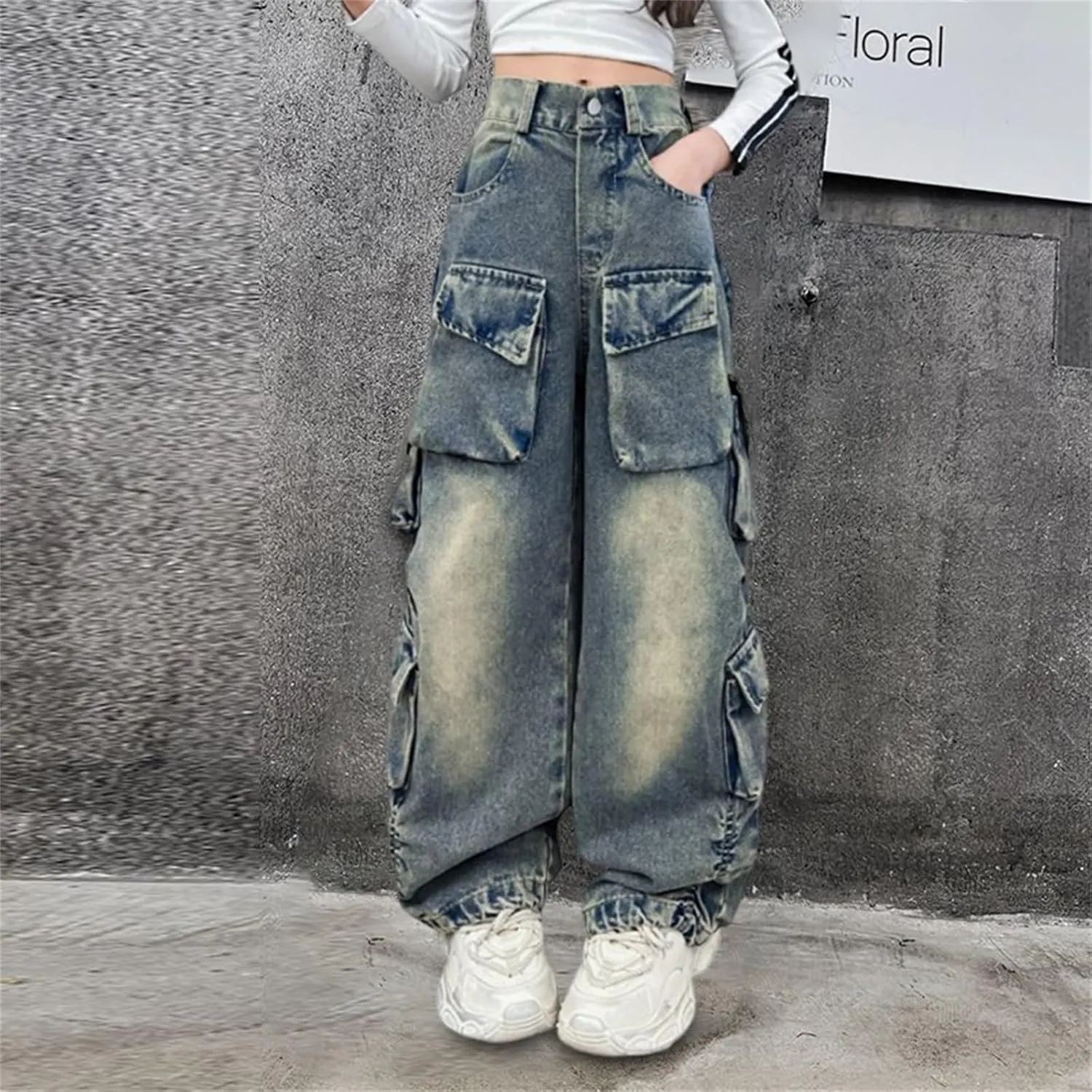 Girls Streetwear Denim Cargo Pants High Waist Floor Length Baggy Wide Leg Jeans with Multi Pockets