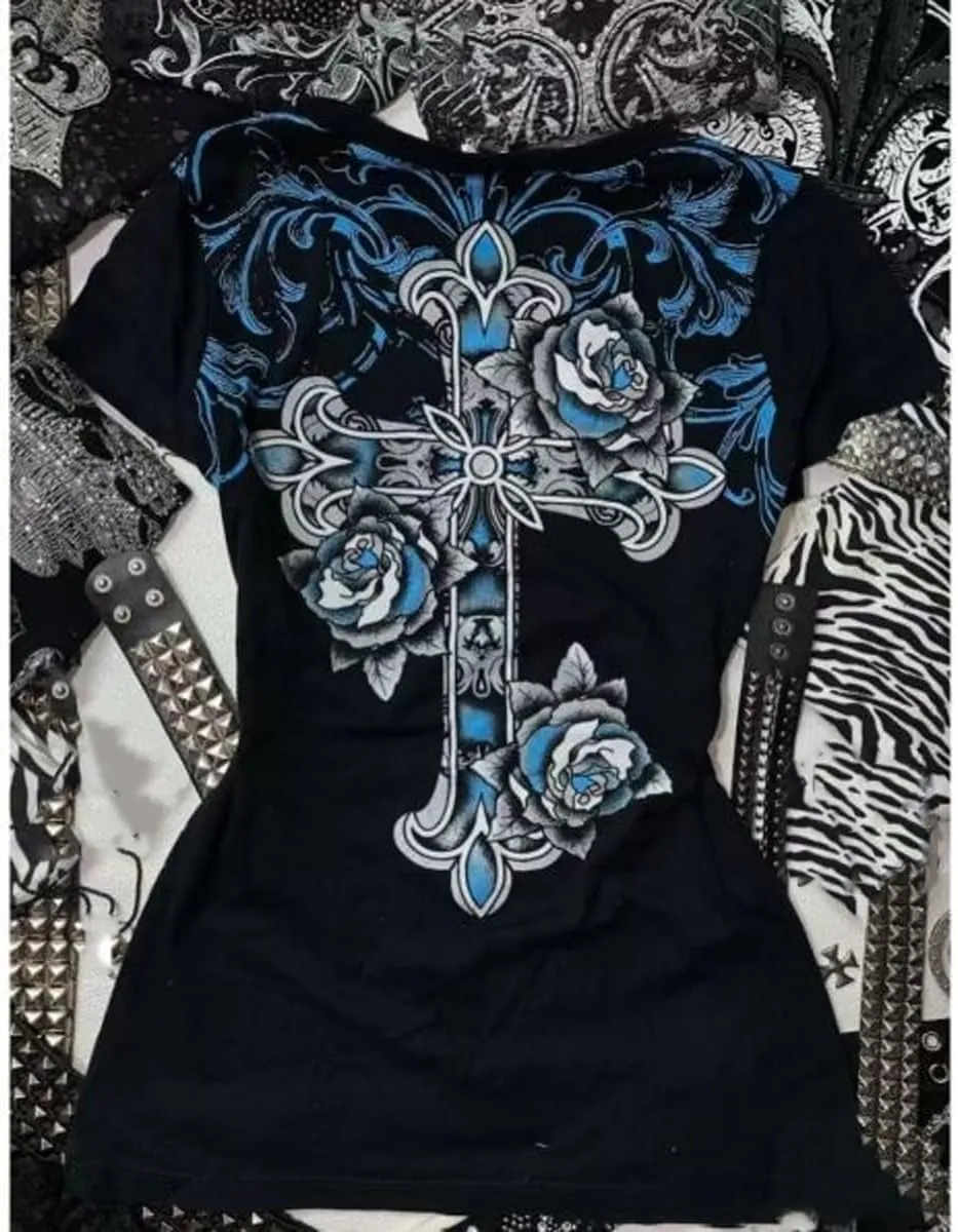 Grunge Shirts Emo Clothes Teen Girls Vintage Graphic Tee Y2k 2000s Goth Top Women Mcbling Short Sleeve Streetwear
