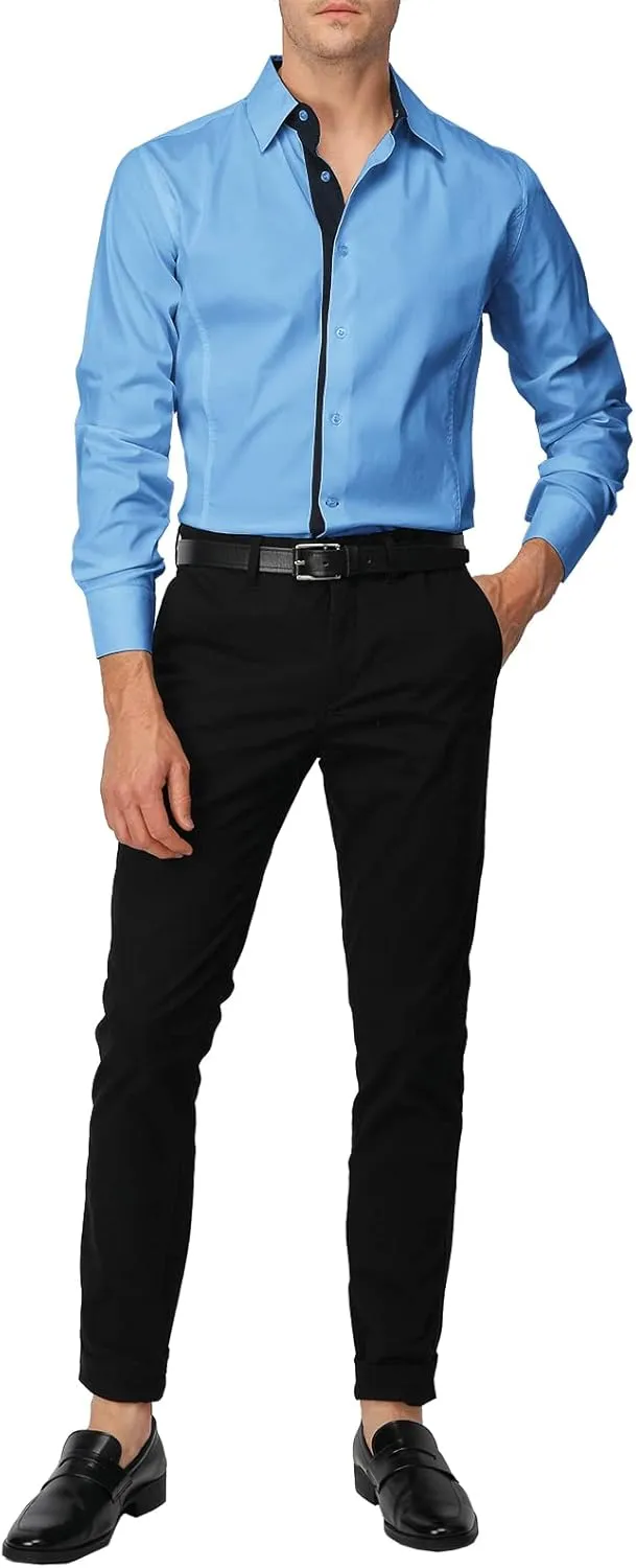 H2H Mens Slim Fit Dress Shirts Stretch Long Sleeve Basic Formal Shirts Solid Business Casual Button Down Shirts