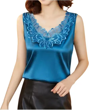 HGps8w Dressy Satin Tank Tops for Women 2025 Summer Loose Lace Trim V Neck Work Blouses Sleeveless Business Shirts