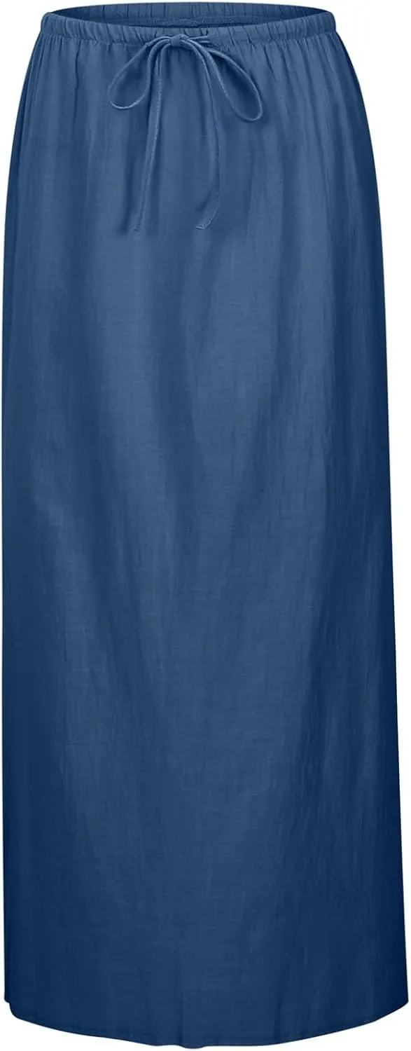 High Waisted Maxi Skirts for Women Summer Casual Boho A Line Long Skirt Cotton Linen Drawstring Waist Beach Skort
