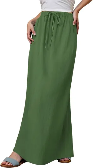 High Waisted Maxi Skirts for Women Summer Casual Boho A Line Long Skirt Cotton Linen Drawstring Waist Beach Skort