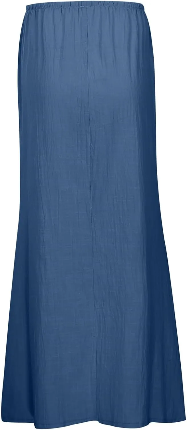 High Waisted Maxi Skirts for Women Summer Casual Boho A Line Long Skirt Cotton Linen Drawstring Waist Beach Skort