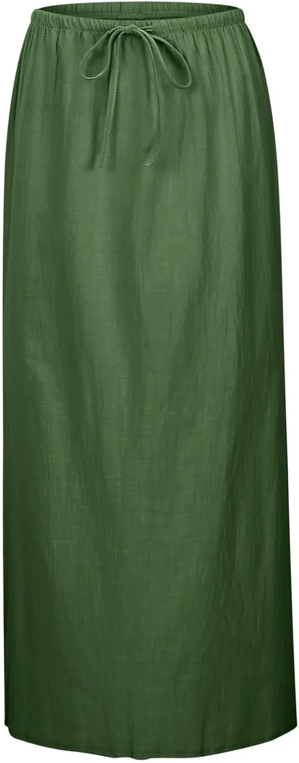 High Waisted Maxi Skirts for Women Summer Casual Boho A Line Long Skirt Cotton Linen Drawstring Waist Beach Skort