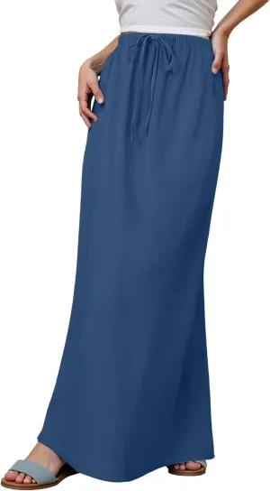 High Waisted Maxi Skirts for Women Summer Casual Boho A Line Long Skirt Cotton Linen Drawstring Waist Beach Skort