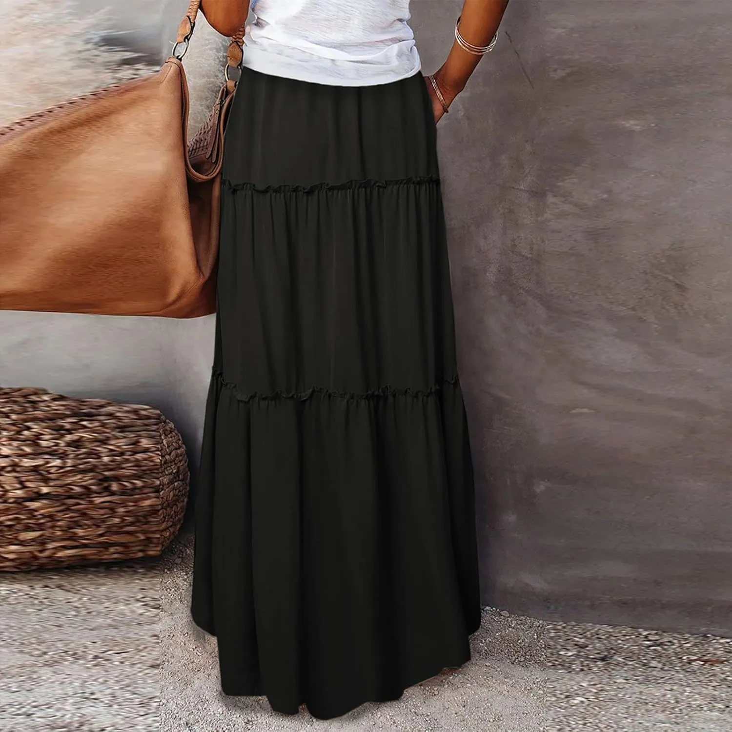 High Waisted Maxi Skirts for Women Summer Elastic A Line Skirts Vacation Layered Tiered Long Skirt with Pockets