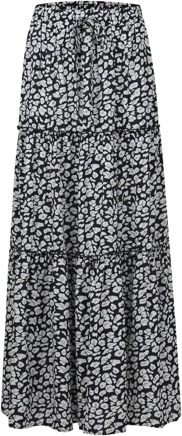 High Waisted Maxi Skirts for Women Summer Elastic A Line Skirts Vacation Layered Tiered Long Skirt with Pockets
