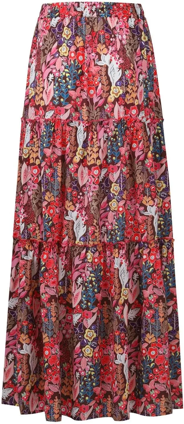 High Waisted Maxi Skirts for Women Summer Elastic A Line Skirts Vacation Layered Tiered Long Skirt with Pockets