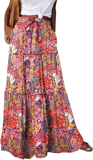 High Waisted Maxi Skirts for Women Summer Elastic A Line Skirts Vacation Layered Tiered Long Skirt with Pockets