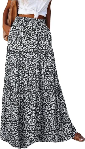 High Waisted Maxi Skirts for Women Summer Elastic A Line Skirts Vacation Layered Tiered Long Skirt with Pockets