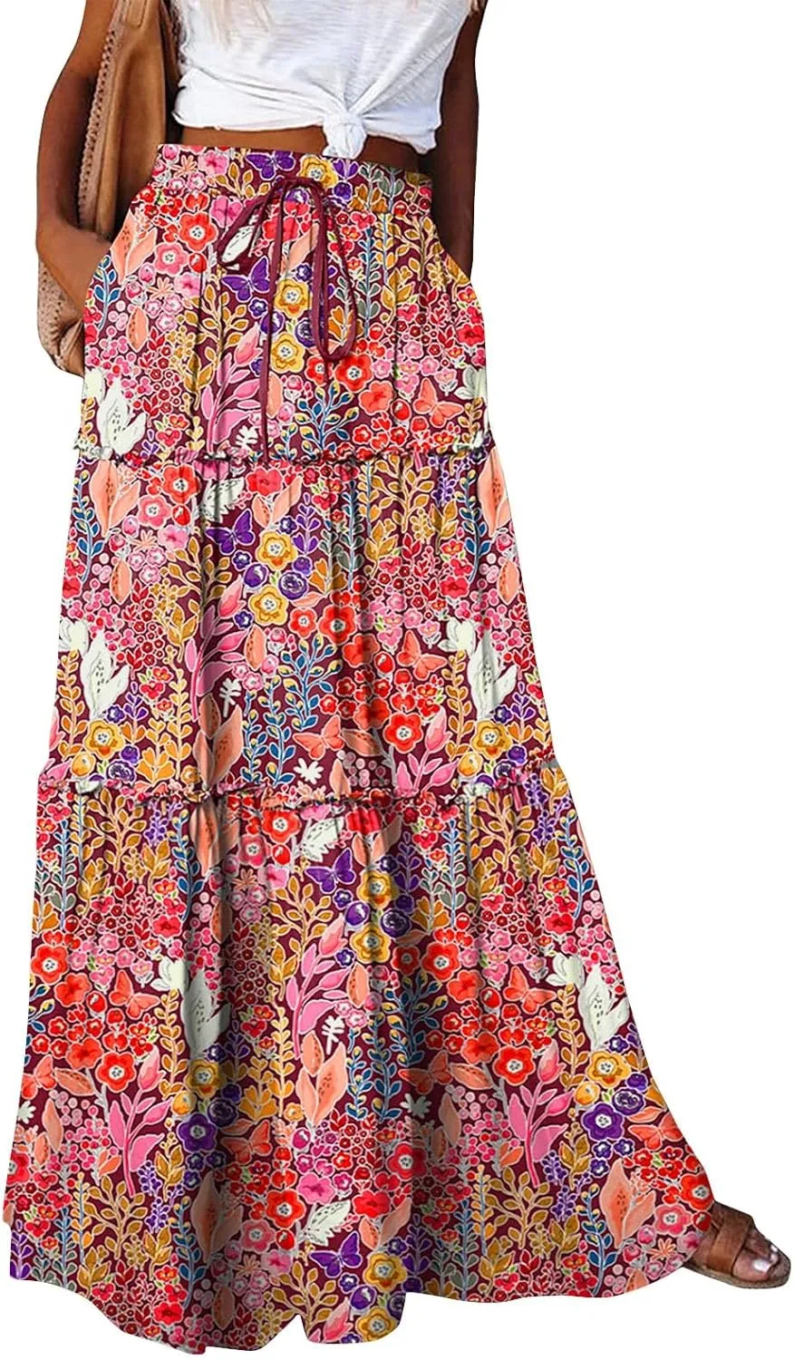 High Waisted Maxi Skirts for Women Summer Elastic A Line Skirts Vacation Layered Tiered Long Skirt with Pockets