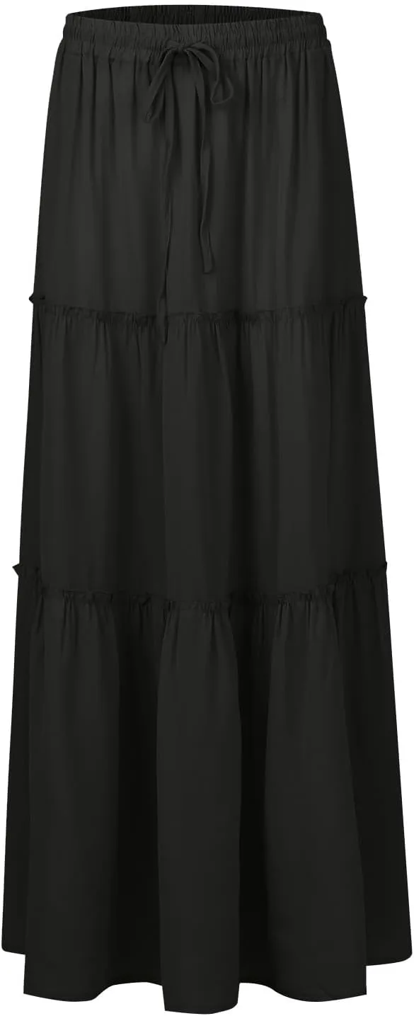 High Waisted Maxi Skirts for Women Summer Elastic A Line Skirts Vacation Layered Tiered Long Skirt with Pockets