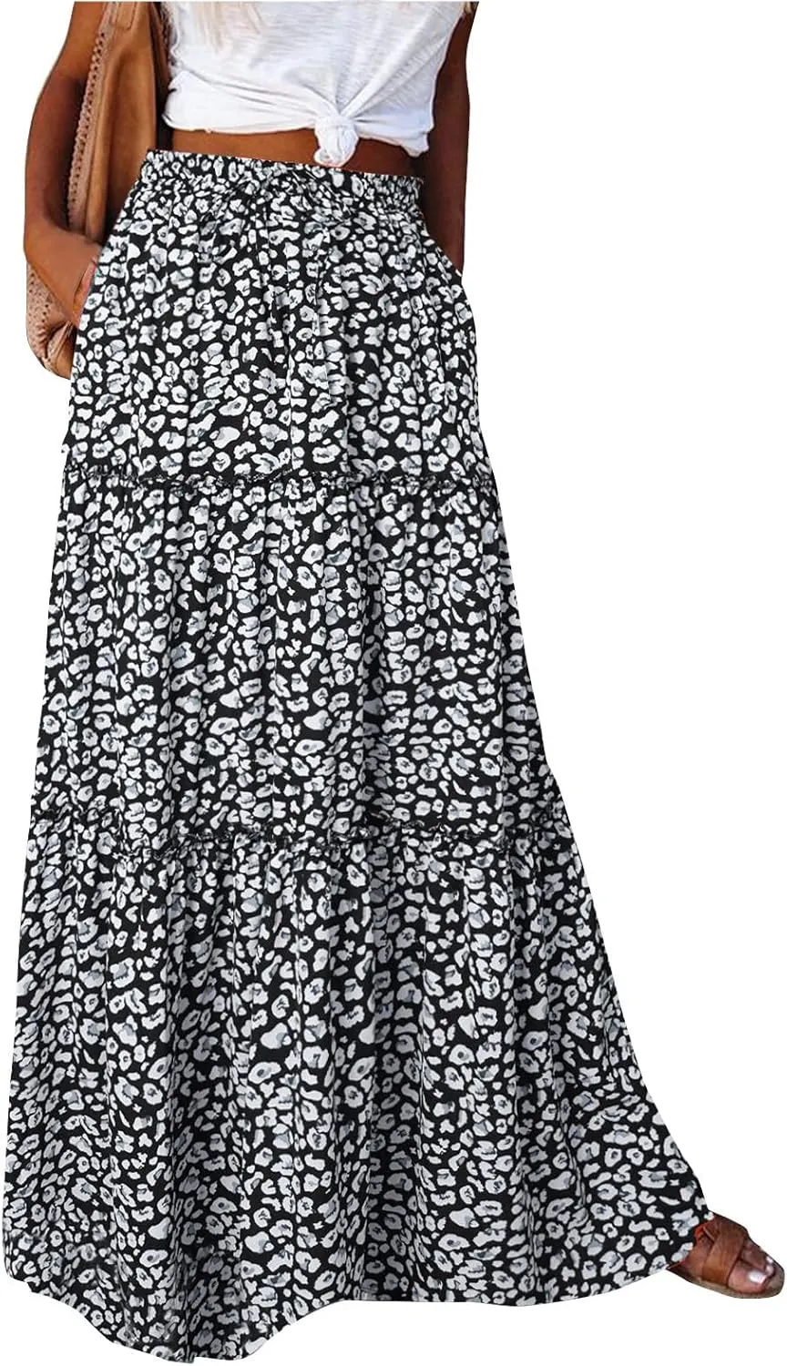 High Waisted Maxi Skirts for Women Summer Elastic A Line Skirts Vacation Layered Tiered Long Skirt with Pockets