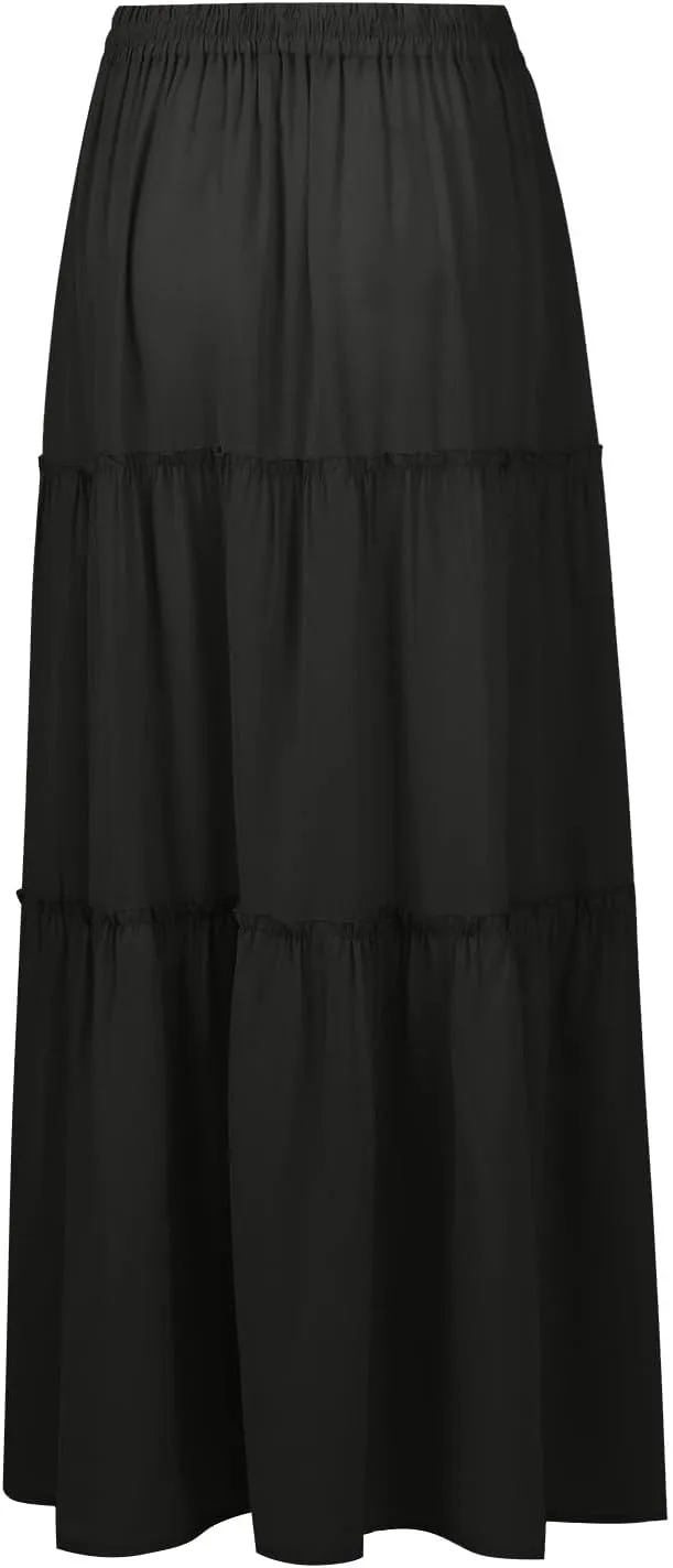 High Waisted Maxi Skirts for Women Summer Elastic A Line Skirts Vacation Layered Tiered Long Skirt with Pockets