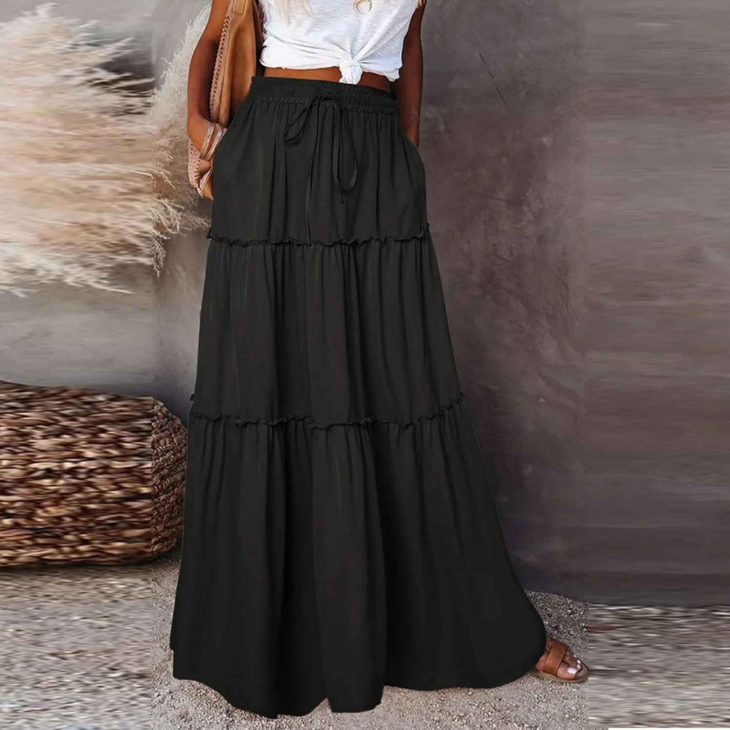 High Waisted Maxi Skirts for Women Summer Elastic A Line Skirts Vacation Layered Tiered Long Skirt with Pockets
