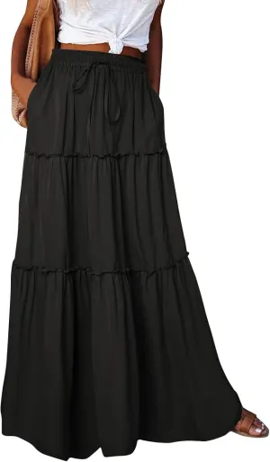 High Waisted Maxi Skirts for Women Summer Elastic A Line Skirts Vacation Layered Tiered Long Skirt with Pockets
