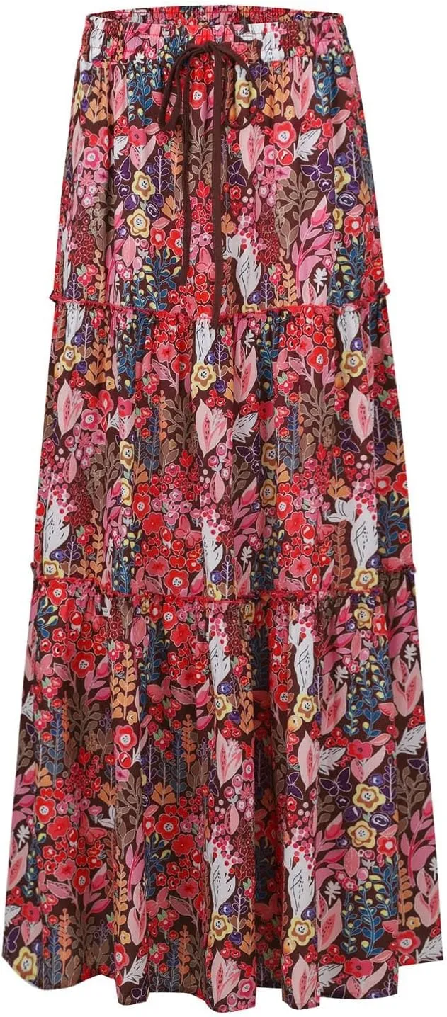 High Waisted Maxi Skirts for Women Summer Elastic A Line Skirts Vacation Layered Tiered Long Skirt with Pockets