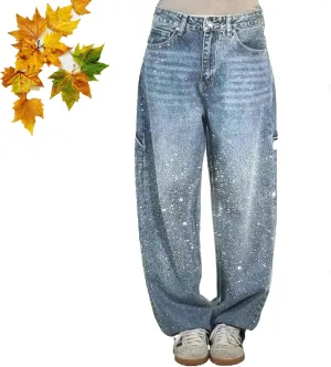 High Waisted Rhinestone Jeans for Women, Baggy Wide Straight Leg Casual Denim Pants Trousers, Wide Leg Bling Denim Pants