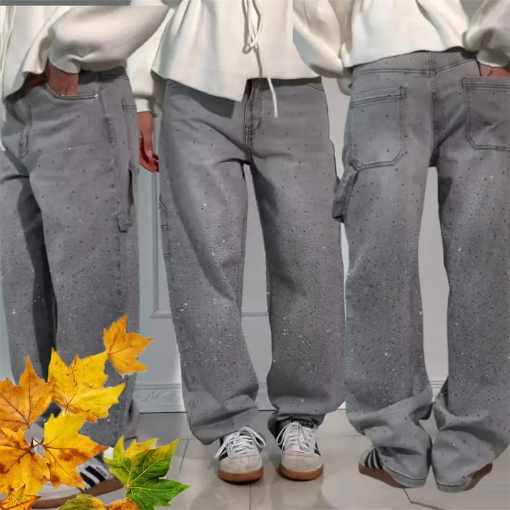 High Waisted Rhinestone Jeans for Women, Baggy Wide Straight Leg Casual Denim Pants Trousers, Wide Leg Bling Denim Pants