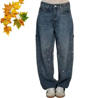 High Waisted Rhinestone Jeans for Women, Baggy Wide Straight Leg Casual Denim Pants Trousers, Wide Leg Bling Denim Pants