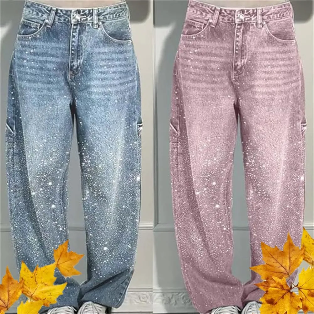 High Waisted Rhinestone Jeans for Women, Baggy Wide Straight Leg Casual Denim Pants Trousers, Wide Leg Bling Denim Pants
