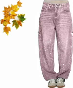 High Waisted Rhinestone Jeans for Women, Baggy Wide Straight Leg Casual Denim Pants Trousers, Wide Leg Bling Denim Pants