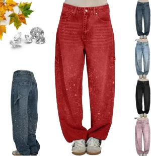 High Waisted Rhinestone Jeans for Women, Baggy Wide Straight Leg Casual Denim Pants Trousers, Wide Leg Bling Denim Pants