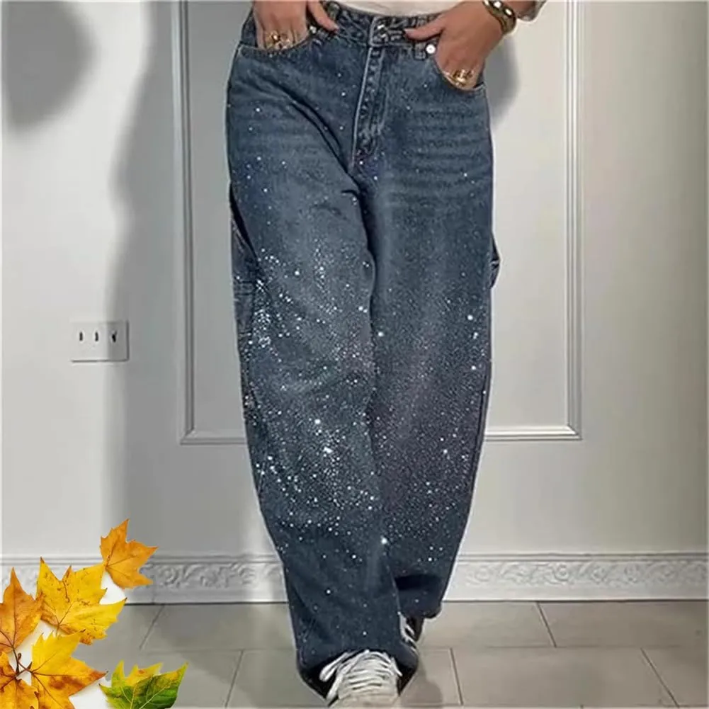 High Waisted Rhinestone Jeans for Women, Baggy Wide Straight Leg Casual Denim Pants Trousers, Wide Leg Bling Denim Pants